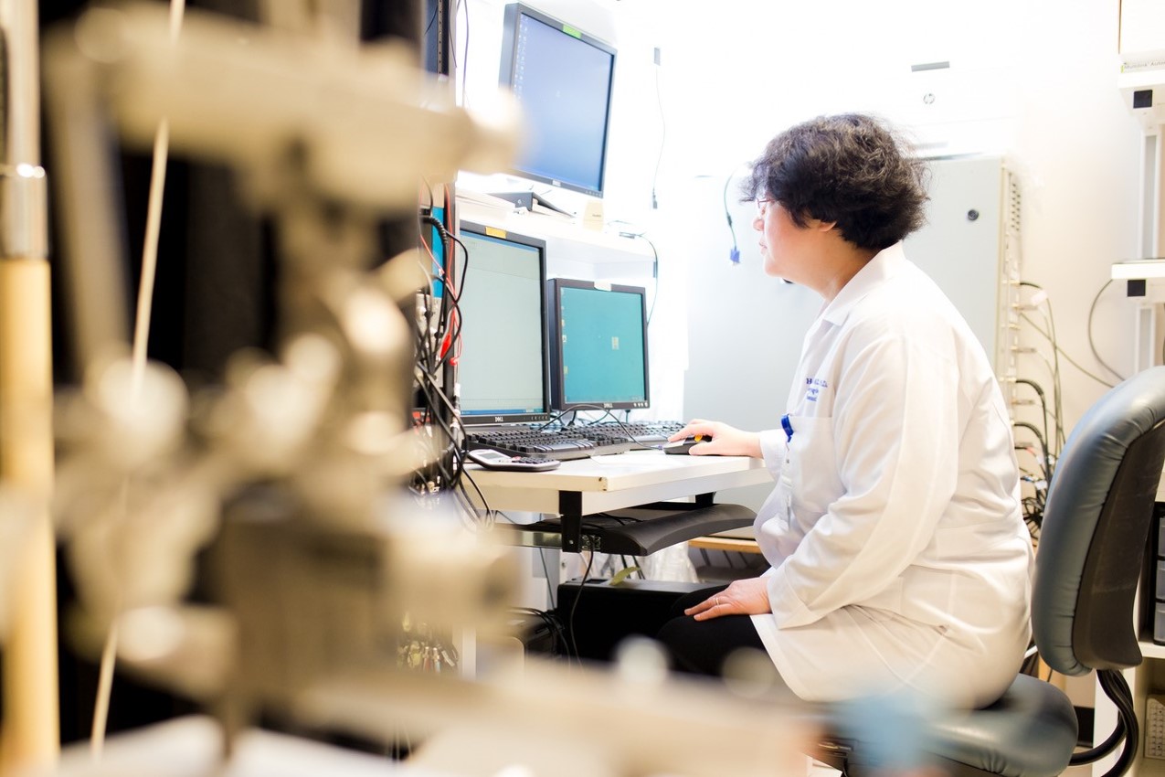 A researcher looking at her computer